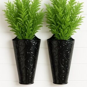 Set of 2 Black Embossed Metal Wall Vases Floral Scroll Design Home Decor